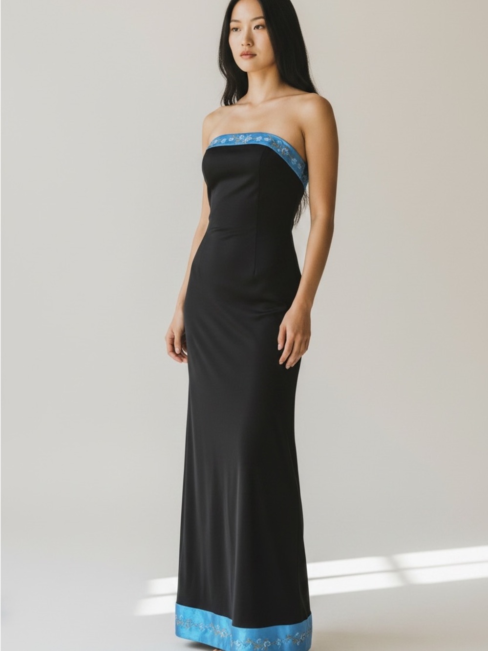 VTG Papell Boutique Evening Strapless Maxi Dress Size 6 Black W/ Blue Satin Trim